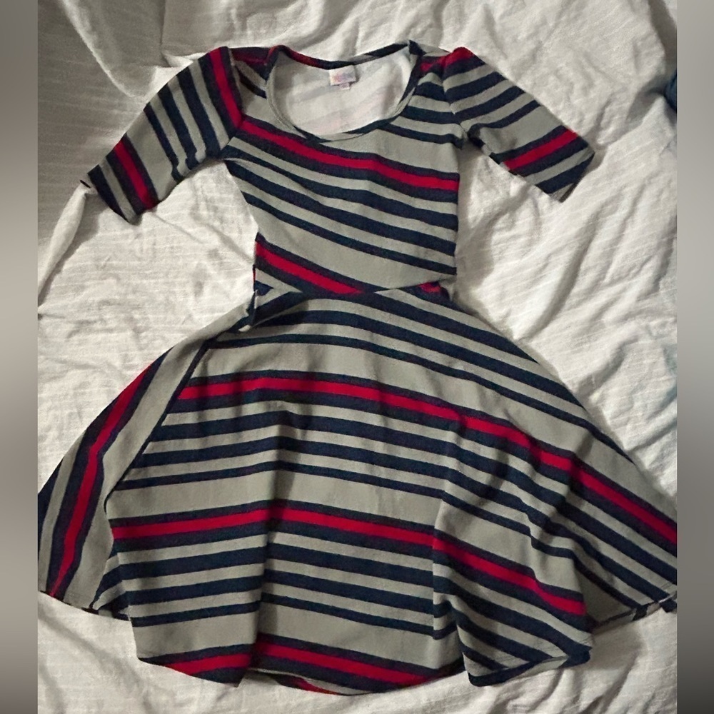 LuLaRoe Nicole Dress Gray Blue Red Stripe Fit & Flare Nautical Patriotic Sz XXS